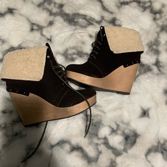 Naughty Monkey Brown Suede Leather Lace Up Ultra High Wedge Heel Ankle - Picture 5 of 7